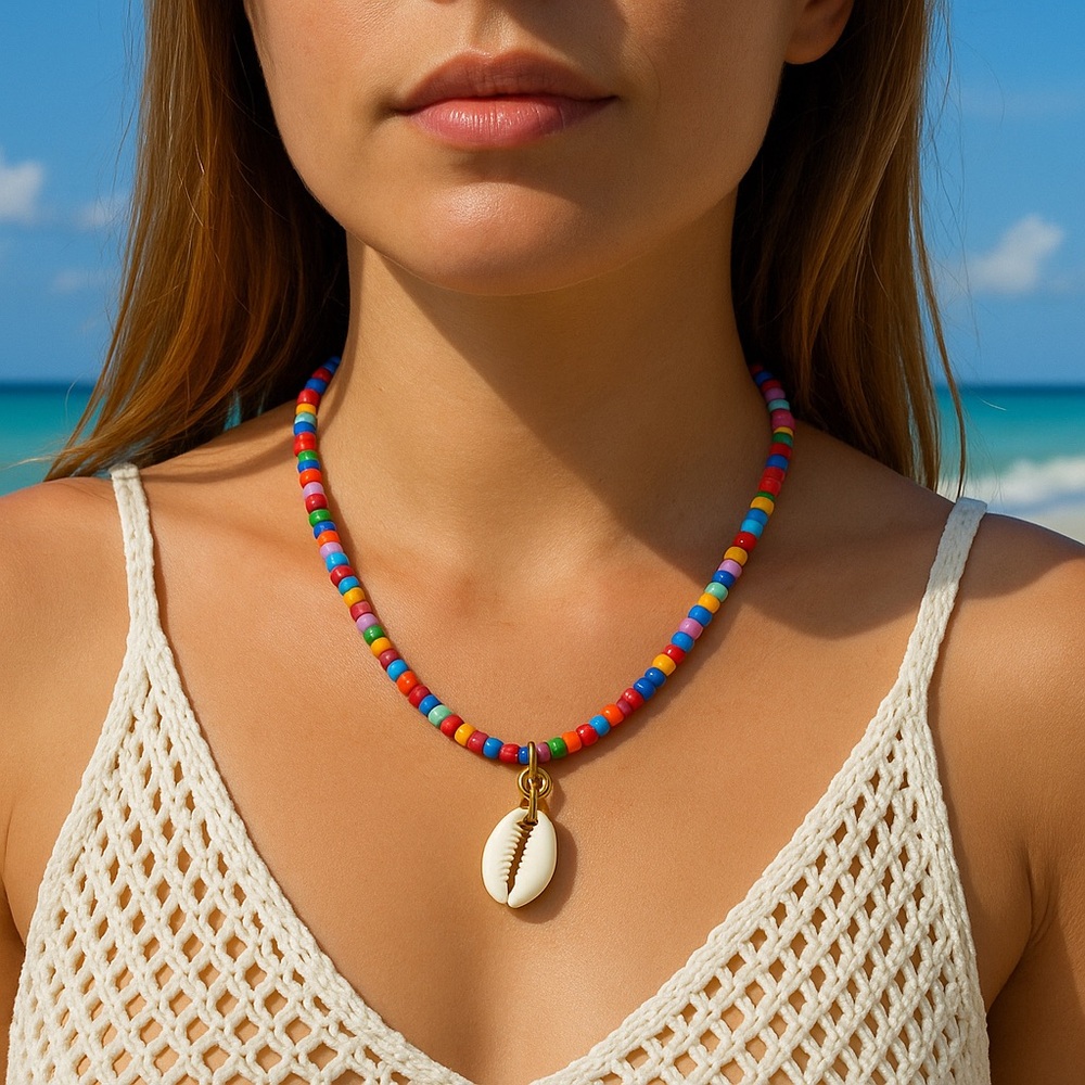 Multicolor Beaded Necklace with Cowrie Shells